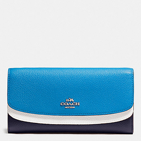 COACH f53858 DOUBLE FLAP WALLET IN COLORBLOCK LEATHER SILVER/NAVY MULTI