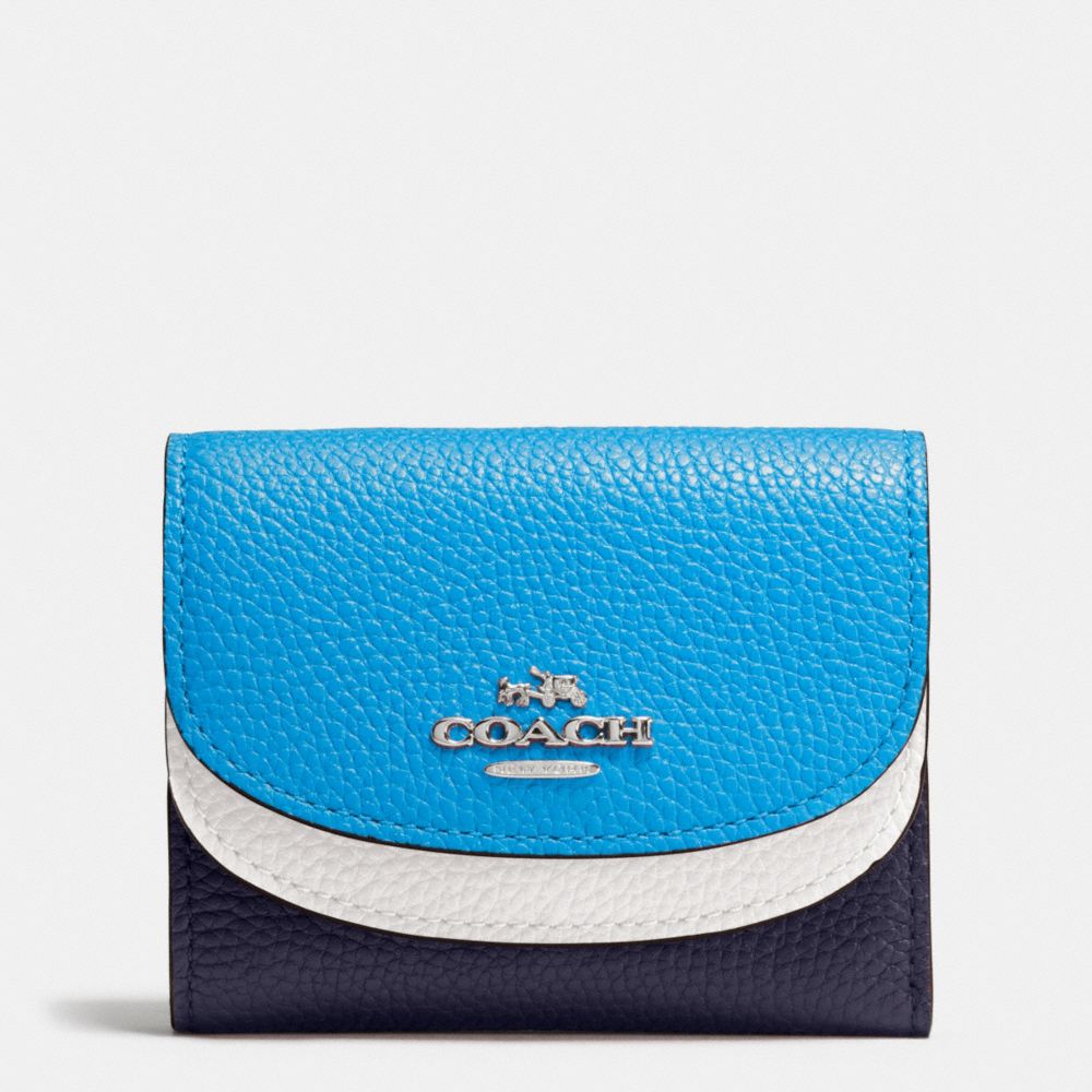 COACH F53859 DOUBLE FLAP SMALL WALLET IN COLORBLOCK LEATHER SILVER/NAVY-MULTI