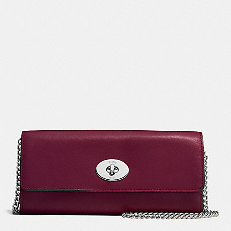 COACH F53890 TURNLOCK SLIM ENVELOPE WALLET WITH CHAIN IN SMOOTH LEATHER SILVER/BURGUNDY