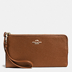 COACH F53892 Zip Wallet In Polished Pebble Leather LIGHT GOLD/SADDLE