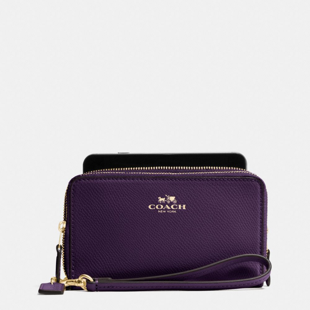 DOUBLE ZIP PHONE WALLET IN CROSSGRAIN LEATHER - IMITATION GOLD/AUBERGINE - COACH F53896