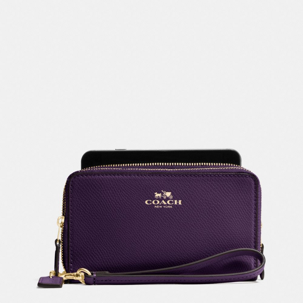 COACH f53896 DOUBLE ZIP PHONE WALLET IN CROSSGRAIN LEATHER IMITATION GOLD/AUBERGINE