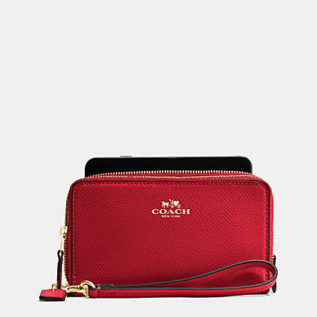 COACH F53896 DOUBLE ZIP PHONE WALLET IN CROSSGRAIN LEATHER IMITATION-GOLD/TRUE-RED