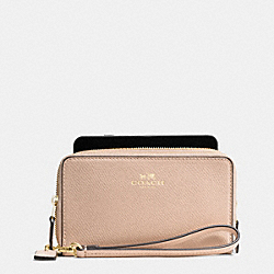 COACH DOUBLE ZIP PHONE WALLET IN CROSSGRAIN LEATHER - IMITATION GOLD/BEECHWOOD - F53896