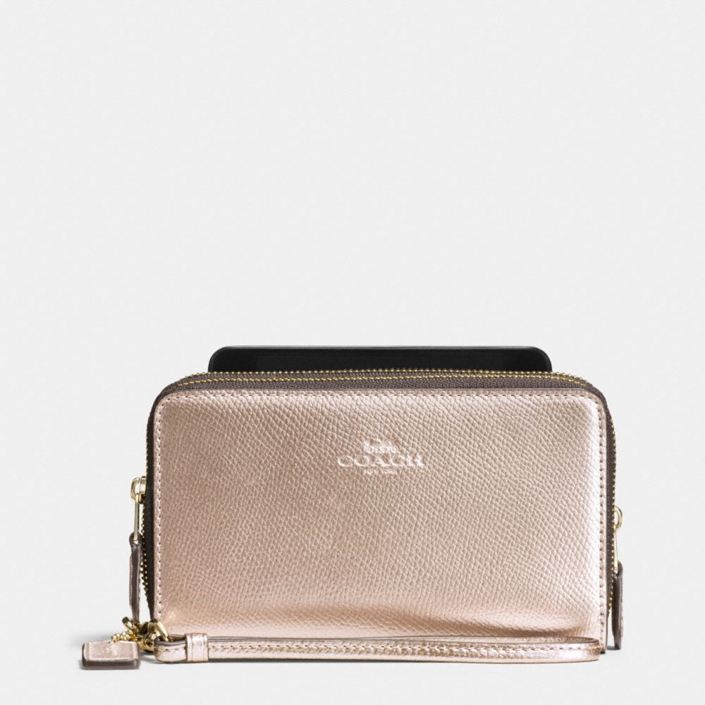 COACH F53896 Double Zip Phone Wallet In Crossgrain Leather IMITATION GOLD/PLATINUM