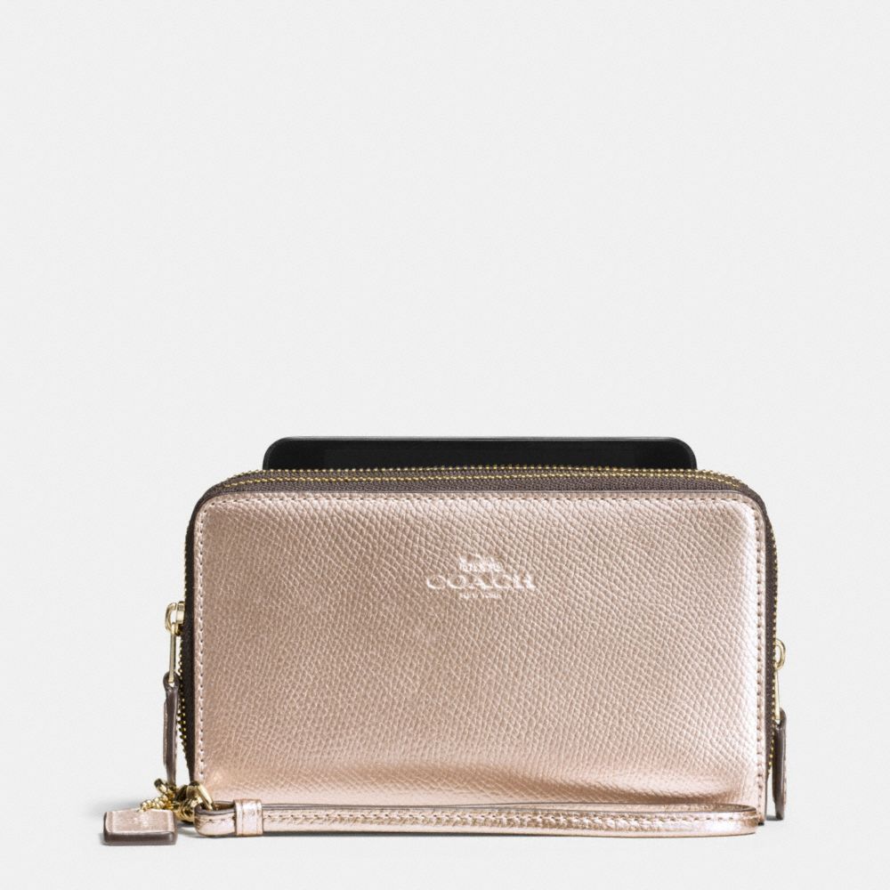 COACH f53896 DOUBLE ZIP PHONE WALLET IN CROSSGRAIN LEATHER IMITATION GOLD/PLATINUM