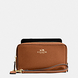 COACH F53896 - DOUBLE ZIP PHONE WALLET IN CROSSGRAIN LEATHER IMITATION GOLD/SADDLE