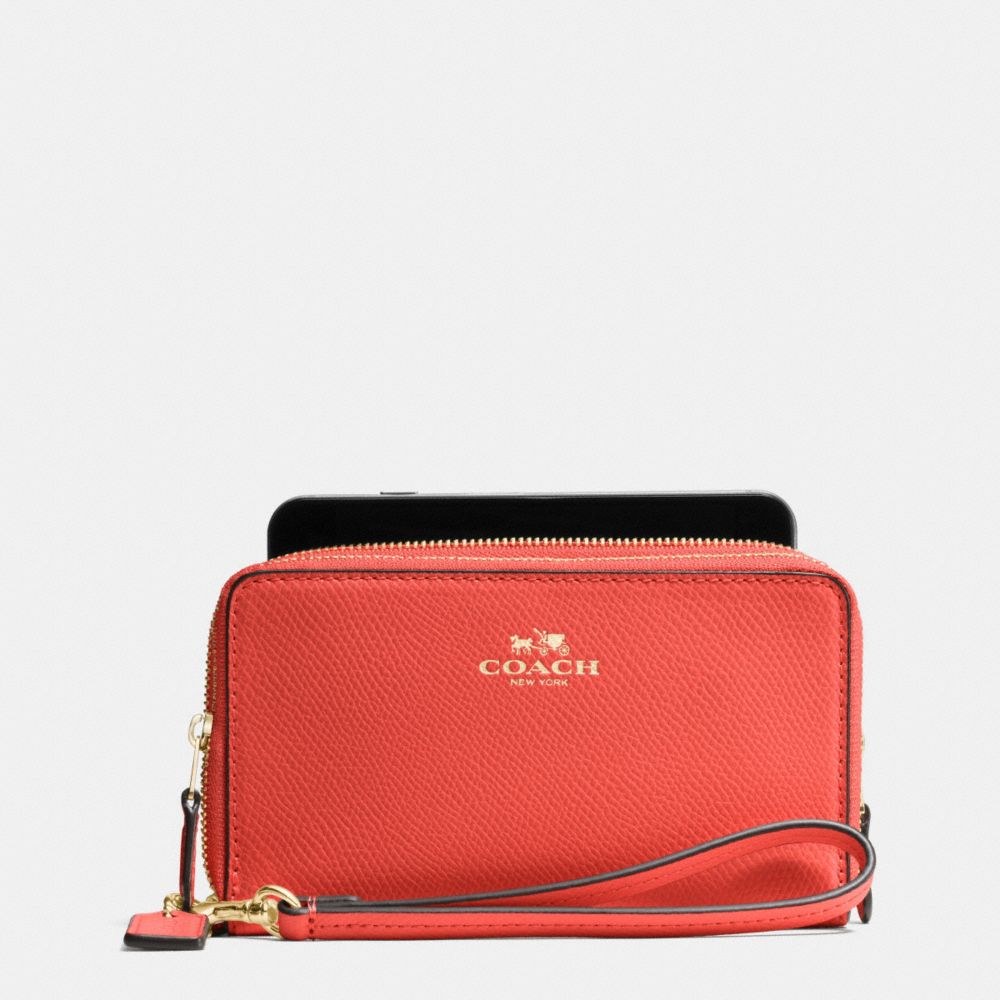 COACH DOUBLE ZIP PHONE WALLET IN CROSSGRAIN LEATHER - IMITATION GOLD/WATERMELON - F53896