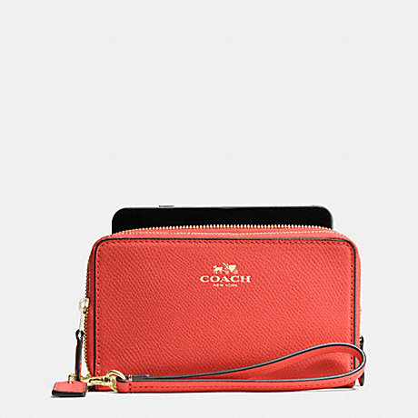 COACH F53896 DOUBLE ZIP PHONE WALLET IN CROSSGRAIN LEATHER IMITATION-GOLD/WATERMELON