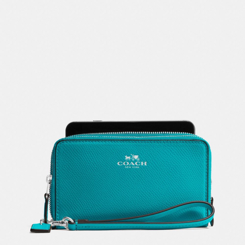 COACH F53896 Double Zip Phone Wallet In Crossgrain Leather SILVER/TURQUOISE