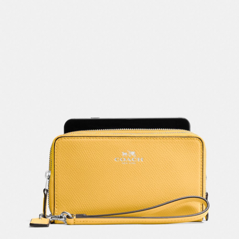 COACH F53896 DOUBLE ZIP PHONE WALLET IN CROSSGRAIN LEATHER SILVER/CANARY