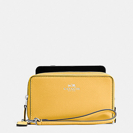 COACH DOUBLE ZIP PHONE WALLET IN CROSSGRAIN LEATHER - SILVER/CANARY - f53896