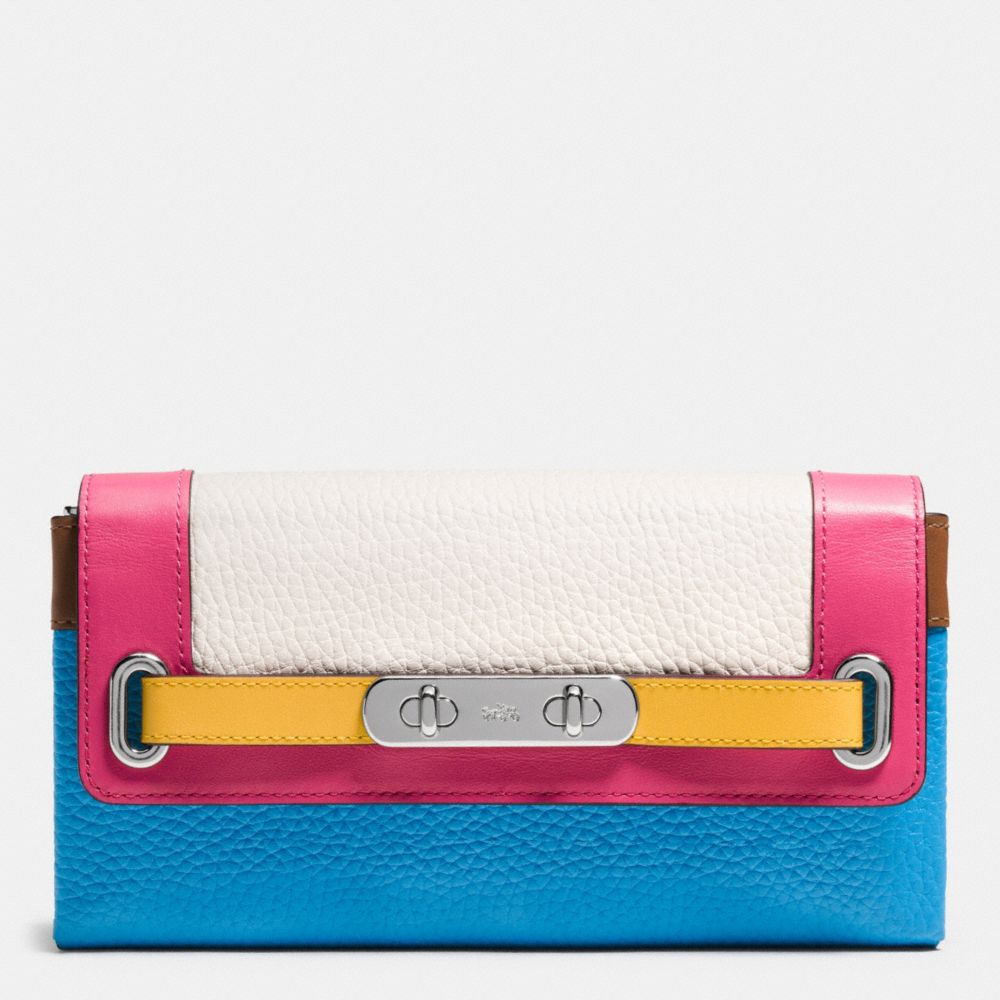 COACH f53911 COACH SWAGGER WALLET IN RAINBOW COLORBLOCK LEATHER SILVER/AZURE MULTI