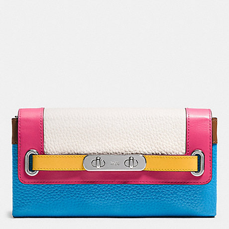 COACH f53911 COACH SWAGGER WALLET IN RAINBOW COLORBLOCK LEATHER SILVER/AZURE MULTI