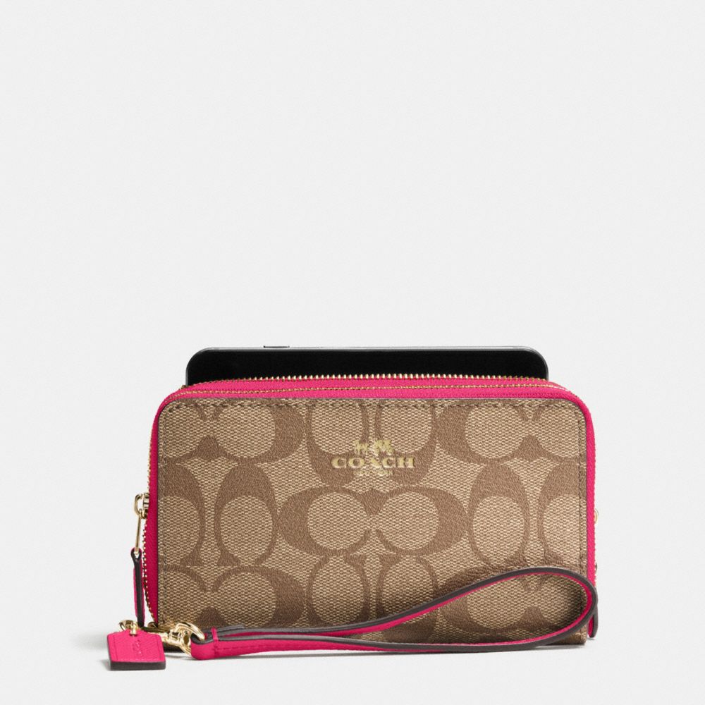 COACH f53937 DOUBLE ZIP PHONE WALLET IN SIGNATURE IMITATION GOLD/KHAKI BRIGHT PINK