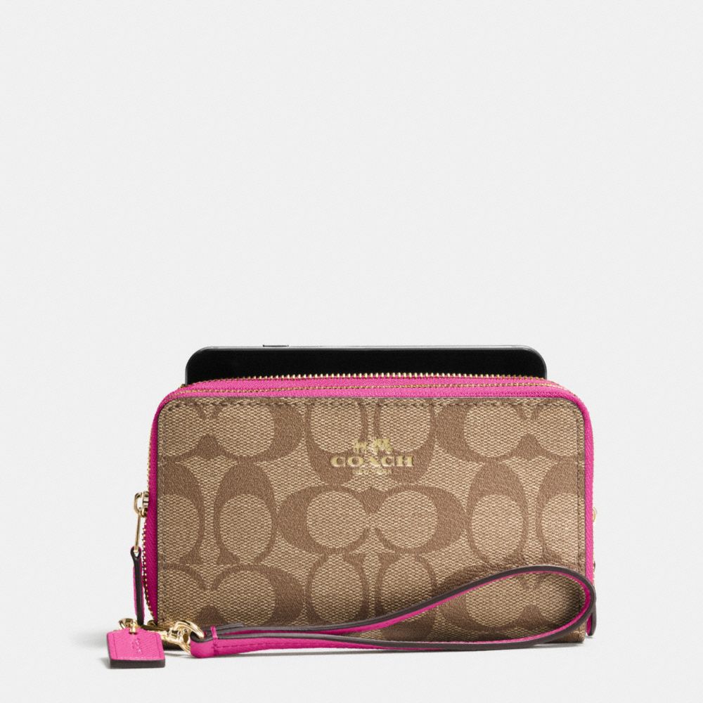 COACH F53937 DOUBLE ZIP PHONE WALLET IN SIGNATURE IMITATION-GOLD/KHAKI/DAHLIA