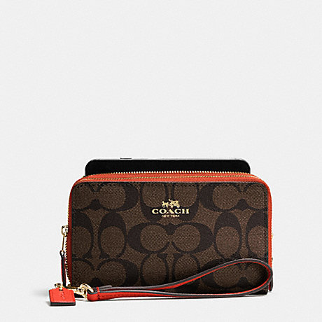COACH DOUBLE ZIP PHONE WALLET IN SIGNATURE - IMITATION GOLD/BROWN/CARMINE - f53937