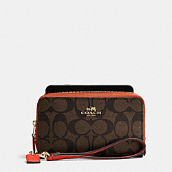 COACH DOUBLE ZIP PHONE WALLET IN SIGNATURE - IMITATION GOLD/BROWN/CARMINE - F53937