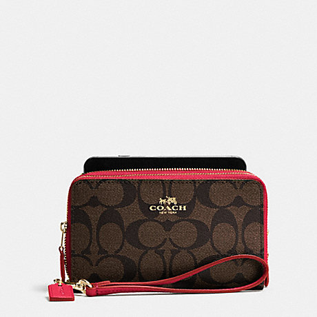 COACH DOUBLE ZIP PHONE WALLET IN SIGNATURE - IMITATION GOLD/BROWN TRUE RED - f53937