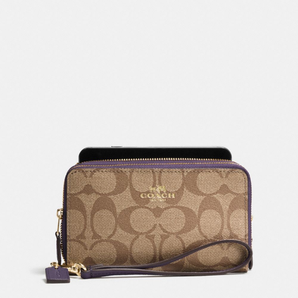 COACH F53937 DOUBLE ZIP PHONE WALLET IN SIGNATURE IMITATION-GOLD/KHAKI-AUBERGINE