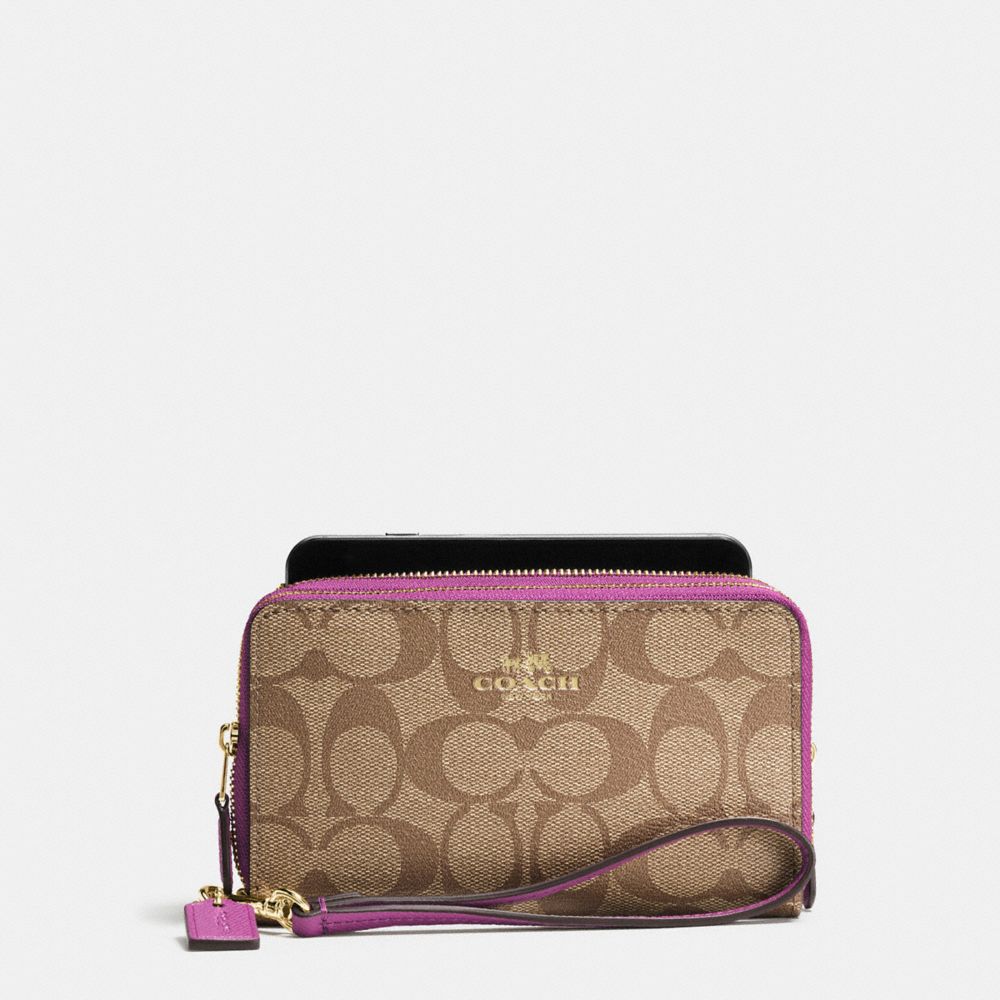 COACH F53937 Double Zip Phone Wallet In Signature IMITATION GOLD/KHAKI/HYACINTH