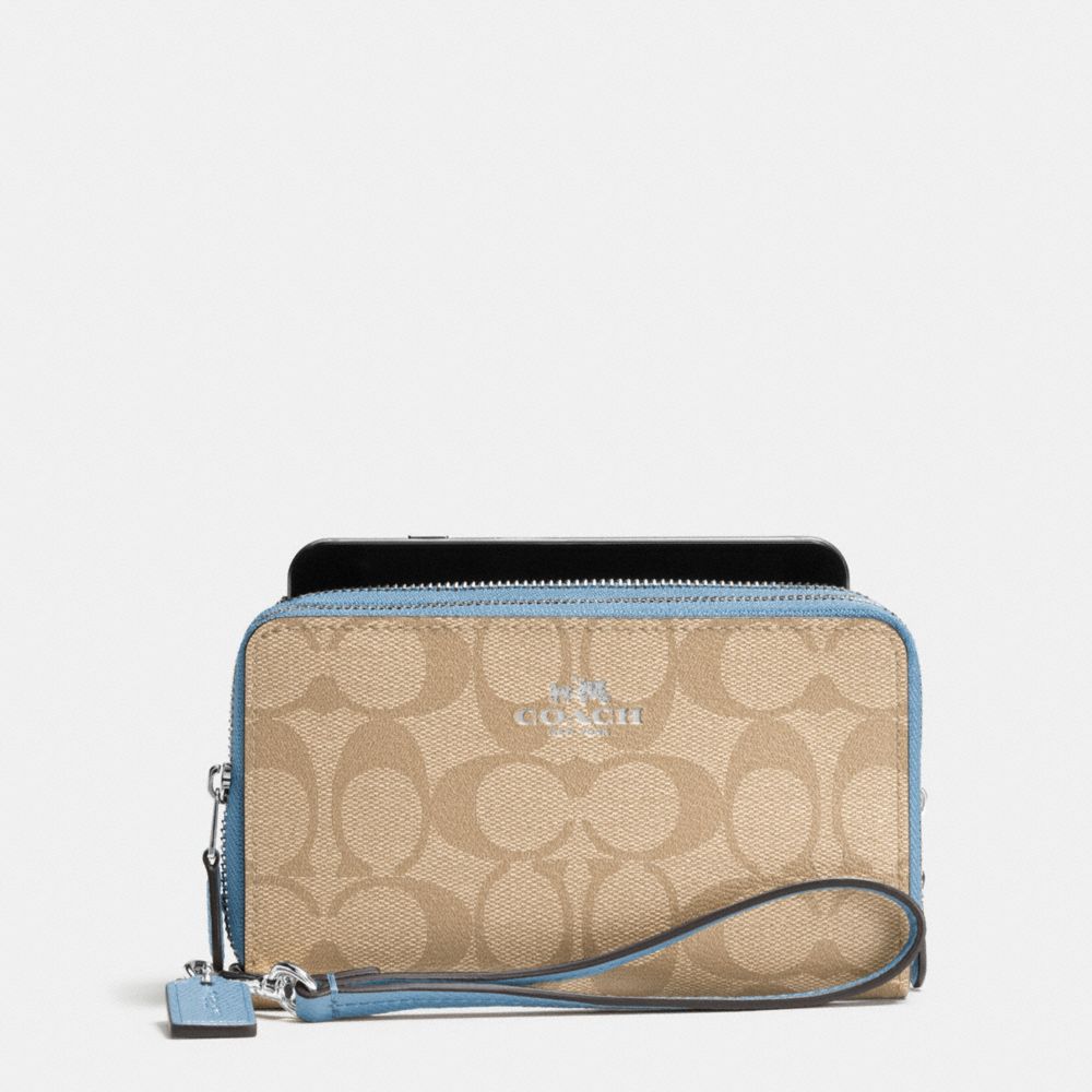 COACH DOUBLE ZIP PHONE WALLET IN SIGNATURE - SILVER/LIGHT KHAKI/CORNFLOWER - f53937