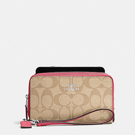 COACH F53937 DOUBLE ZIP PHONE WALLET IN SIGNATURE SILVER/LIGHT-KHAKI/STRAWBERRY