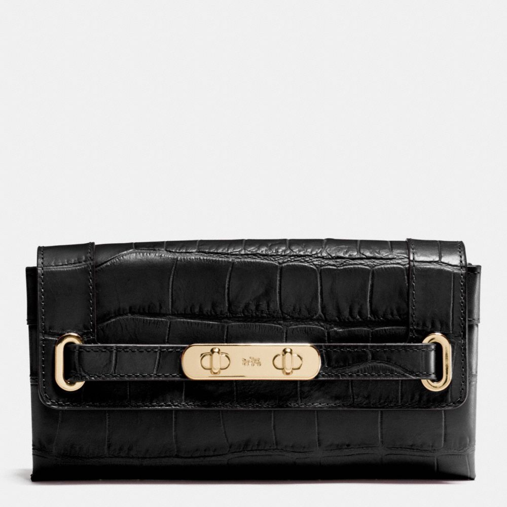 COACH F53963 COACH SWAGGER WALLET IN CROC EMBOSSED LEATHER LIGHT-GOLD/BLACK