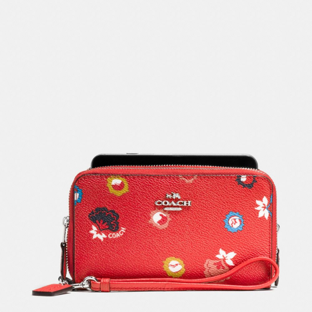 COACH DOUBLE ZIP PHONE WALLET IN WILD PRAIRIE PRINT COATED CANVAS - SILVER/CARMINE WILD PRAIRIE - f53966