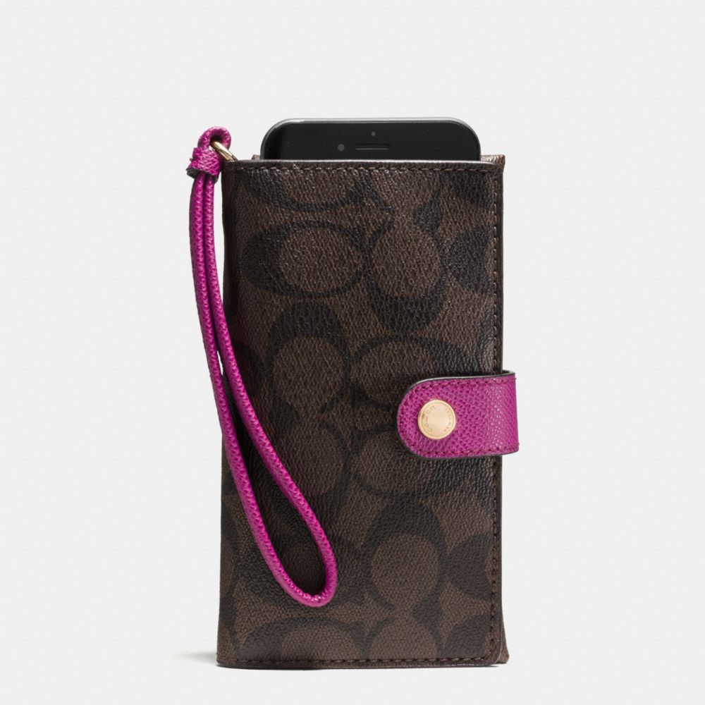 COACH F53975 Phone Clutch In Signature IMITATION GOLD/BROWN/FUCHSIA