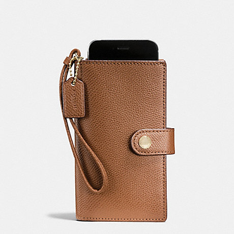 COACH f53977 PHONE CLUTCH IN CROSSGRAIN LEATHER IMITATION GOLD/SADDLE