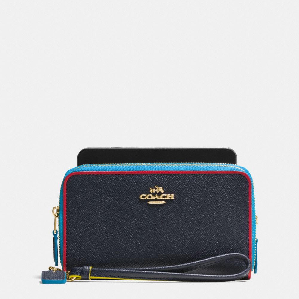 DOUBLE ZIP PHONE WALLET IN EDGESTAIN LEATHER - LIGHT GOLD/NAVY MULTI - COACH F53979