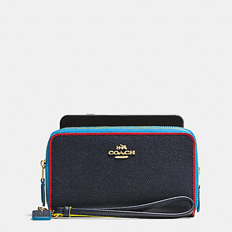 COACH F53979 DOUBLE ZIP PHONE WALLET IN EDGESTAIN LEATHER LIGHT-GOLD/NAVY-MULTI