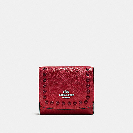 COACH f53990 SMALL WALLET IN PEBBLE LEATHER WITH LACQUER RIVETS SILVER/RED CURRANT