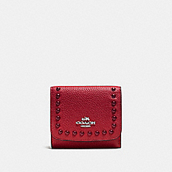 COACH F53990 - SMALL WALLET IN PEBBLE LEATHER WITH LACQUER RIVETS SILVER/RED CURRANT