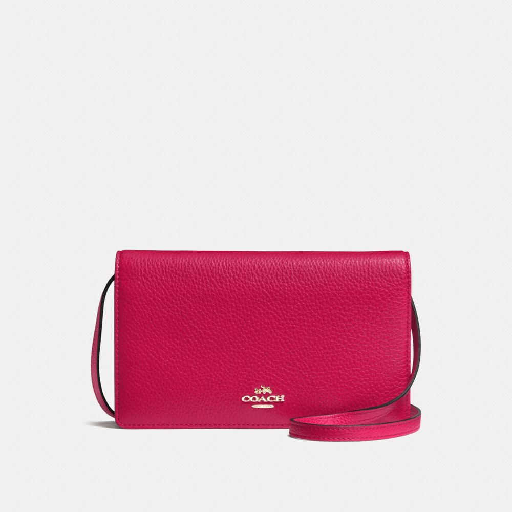 COACH F54002 - FOLDOVER CLUTCH CROSSBODY IN PEBBLE LEATHER IMITATION GOLD/BRIGHT PINK