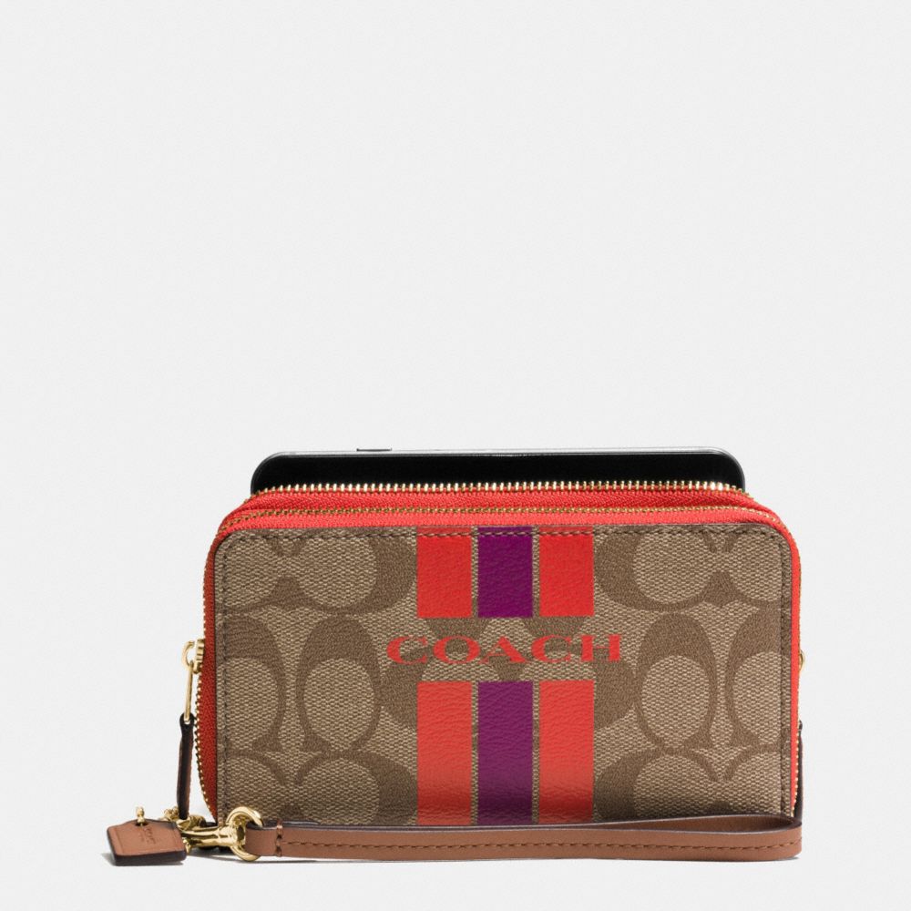 COACH VARSITY STRIPE DOUBLE ZIP PHONE WALLET IN SIGNATURE - f54005 - IMITATION GOLD/KHAKI/WATERMELON