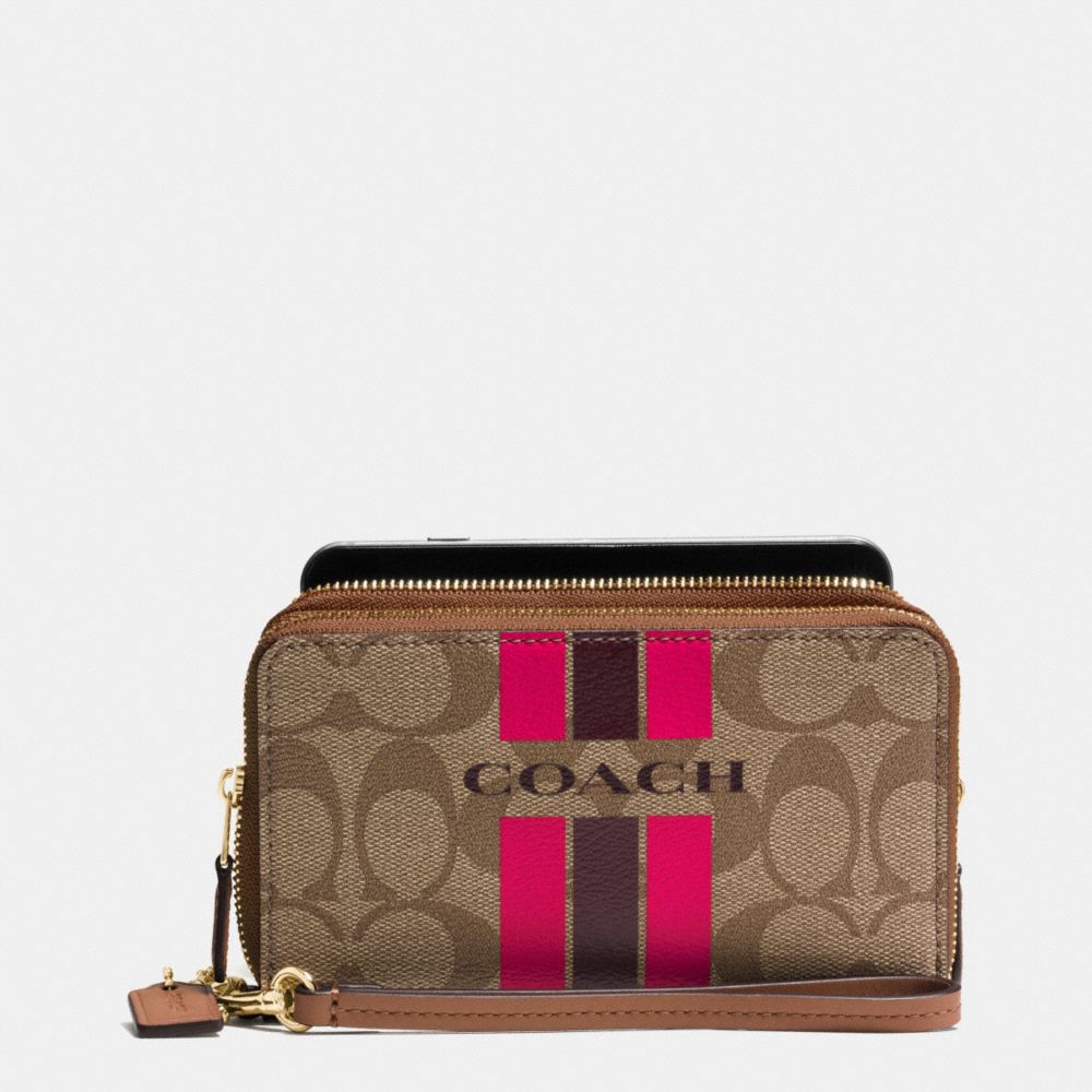 COACH f54005 COACH VARSITY STRIPE DOUBLE ZIP PHONE WALLET IN SIGNATURE IMITATION GOLD/KHAKI/PINK RUBY