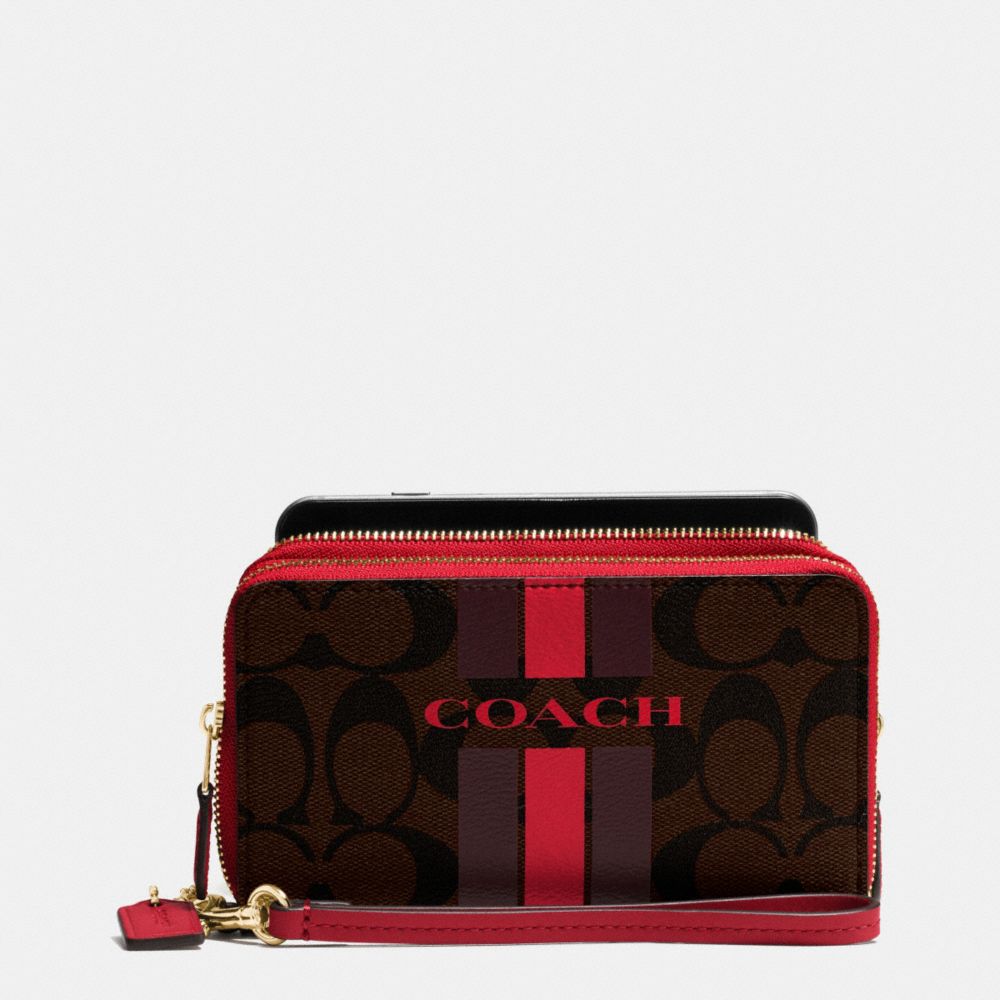 COACH VARSITY STRIPE DOUBLE ZIP PHONE WALLET IN SIGNATURE - IMITATION GOLD/BROW TRUE RED - COACH F54005