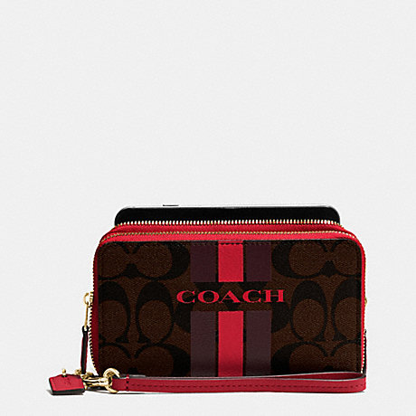 COACH COACH VARSITY STRIPE DOUBLE ZIP PHONE WALLET IN SIGNATURE - IMITATION GOLD/BROW TRUE RED - f54005