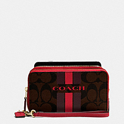 COACH VARSITY STRIPE DOUBLE ZIP PHONE WALLET IN SIGNATURE - IMITATION GOLD/BROW TRUE RED - COACH F54005