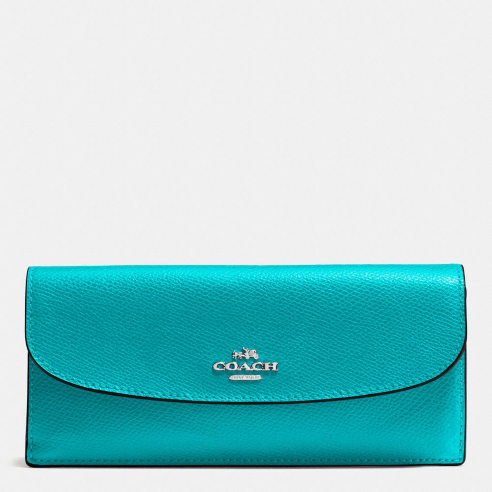 COACH f54008 SOFT WALLET IN CROSSGRAIN LEATHER SILVER/TURQUOISE