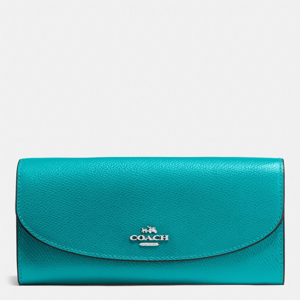 COACH F54009 SLIM ENVELOPE WALLET IN CROSSGRAIN LEATHER SILVER/TURQUOISE