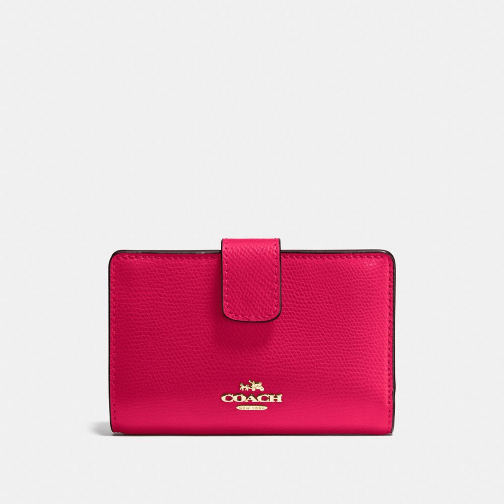 COACH MEDIUM CORNER ZIP WALLET IN CROSSGRAIN LEATHER - IMITATION GOLD/BRIGHT PINK - f54010