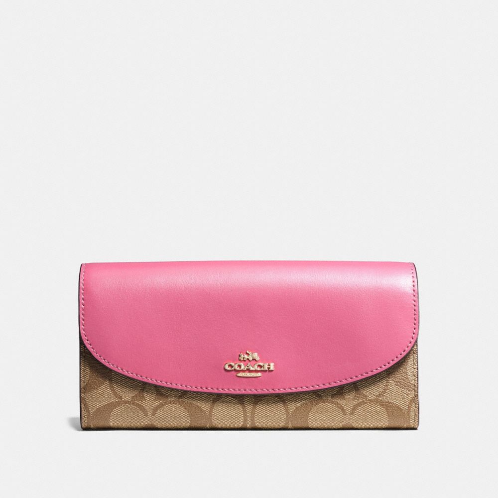 COACH SLIM ENVELOPE WALLET IN SIGNATURE CANVAS - KHAKI/PINK RUBY/GOLD - F54022