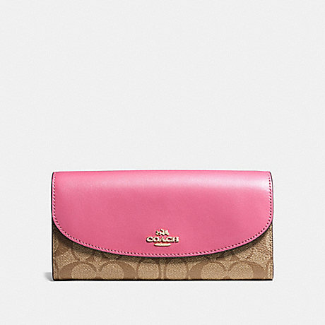 COACH SLIM ENVELOPE WALLET IN SIGNATURE CANVAS - KHAKI/PINK RUBY/GOLD - F54022