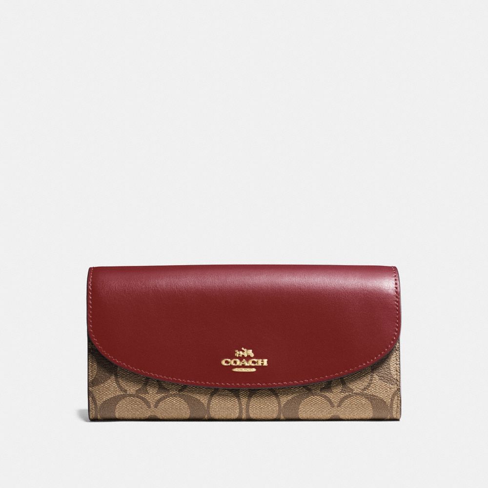 COACH SLIM ENVELOPE WALLET IN SIGNATURE CANVAS - KHAKI/CHERRY/LIGHT GOLD - F54022