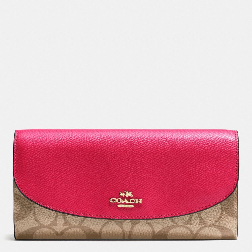 COACH F54022 Slim Envelope Wallet In Signature IMITATION GOLD/KHAKI BRIGHT PINK