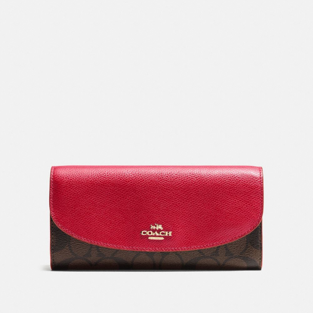 COACH SLIM ENVELOPE WALLET IN SIGNATURE CANVAS - BROWN/TRUE RED/LIGHT GOLD - F54022