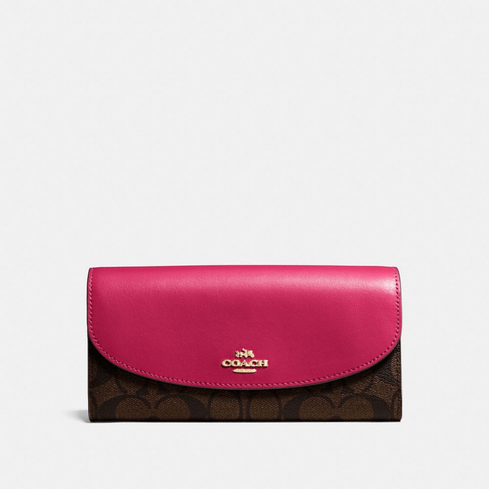 COACH F54022 SLIM ENVELOPE WALLET IN SIGNATURE CANVAS BROWN/HOT PINK/LIGHT GOLD